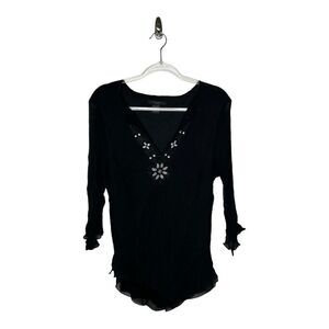 Anne Carson Silk Top Womens 1X Embroidered Witchy Y2K Vtg Whimsigoth Mesh Black